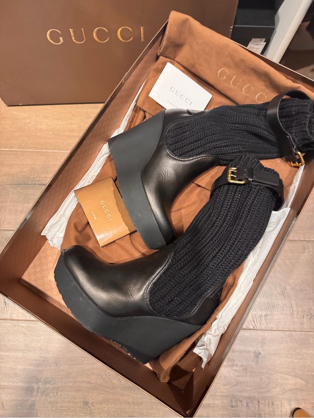 Gucci Black Leather Knit Wedge Boots with Gold Buckle